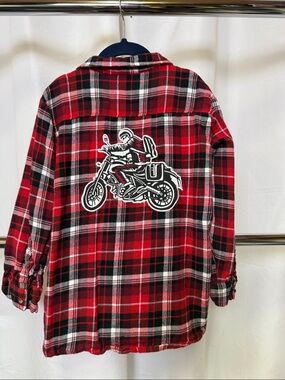 Mish boys Kids Red Plaid Button-Down Shirt with Motorcycle Patch size 7